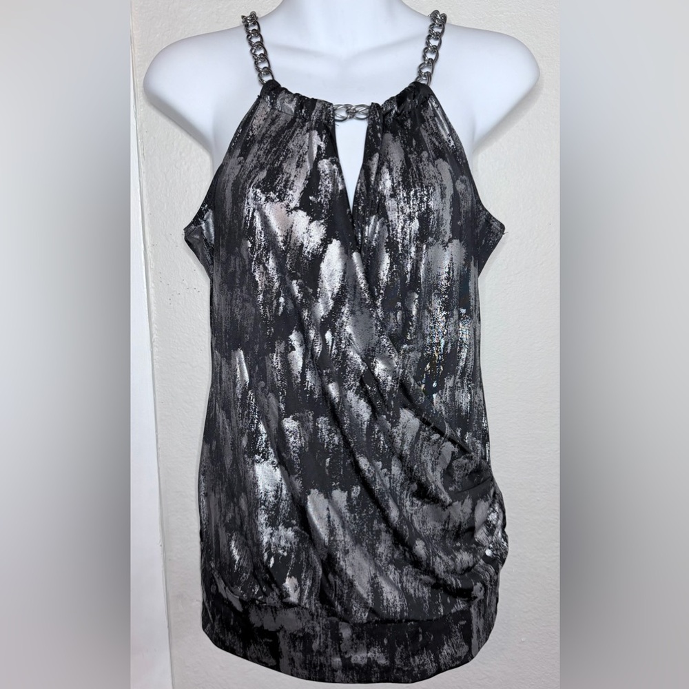 To Yo 5 Black Silver Metallic halter top metal Neckline Women M
